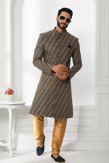 Navy Blue &amp; Gold Embroidered Sherwani for Men