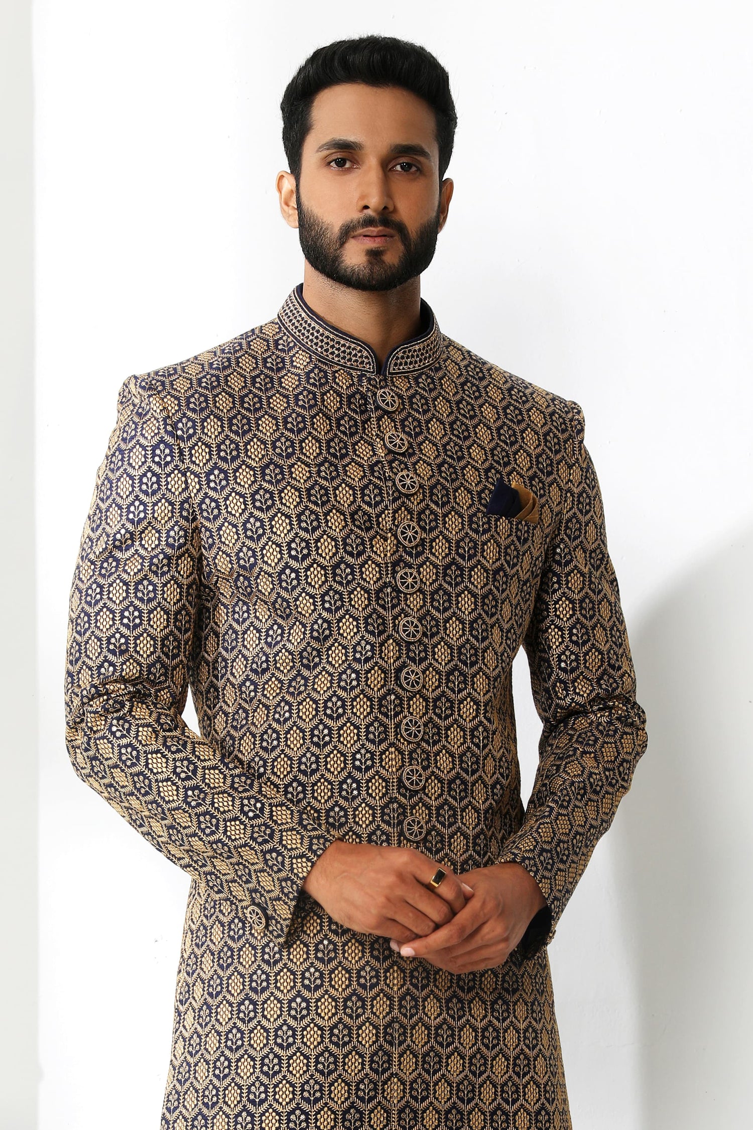 Navy Blue &amp; Gold Embroidered Sherwani for Men