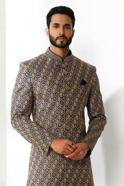 Navy Blue &amp; Gold Embroidered Sherwani for Men