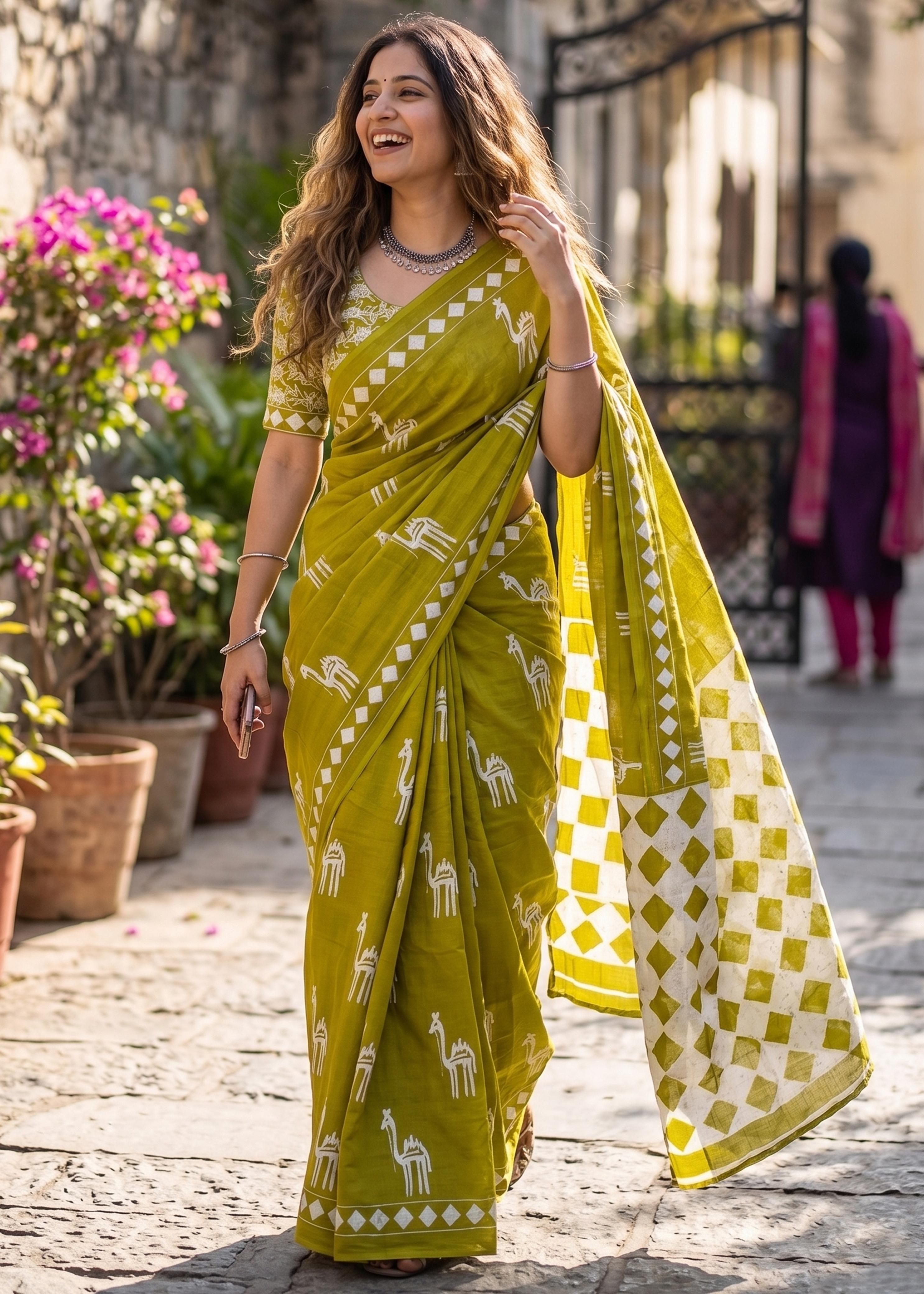 Lemon Pure Mulmul Cotton Hand Block Print Cotton Saree 