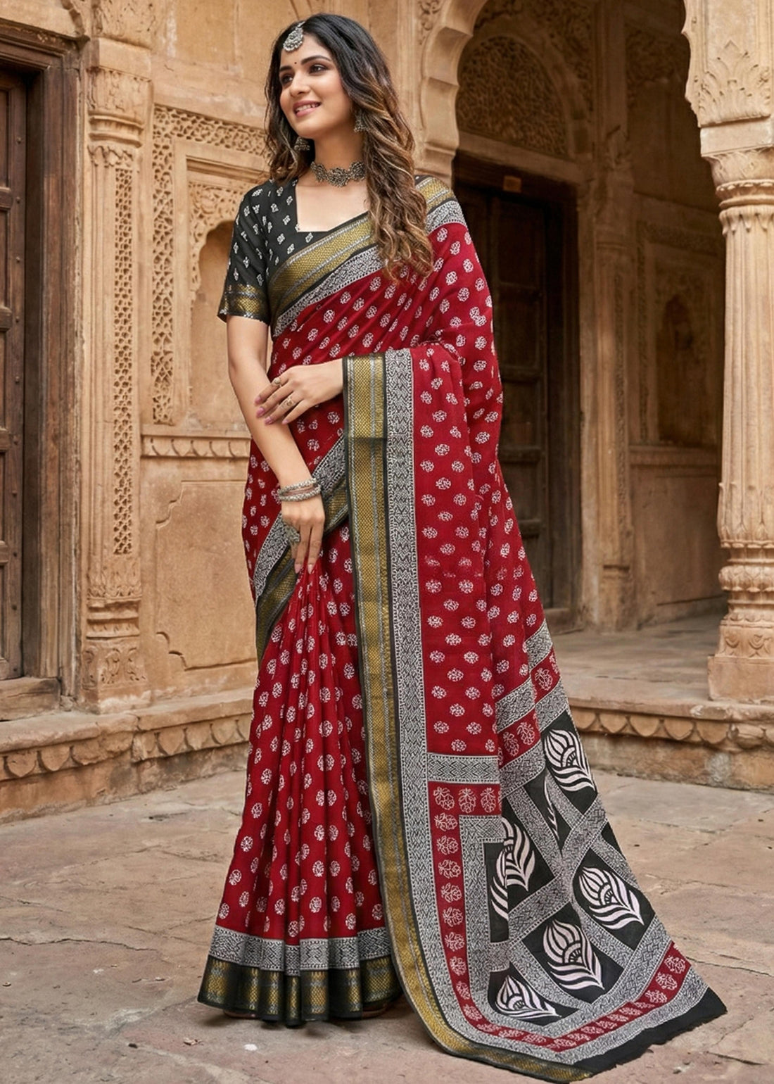 Red Pure Mulmul Cotton Bagru Printed Cotton Saree 