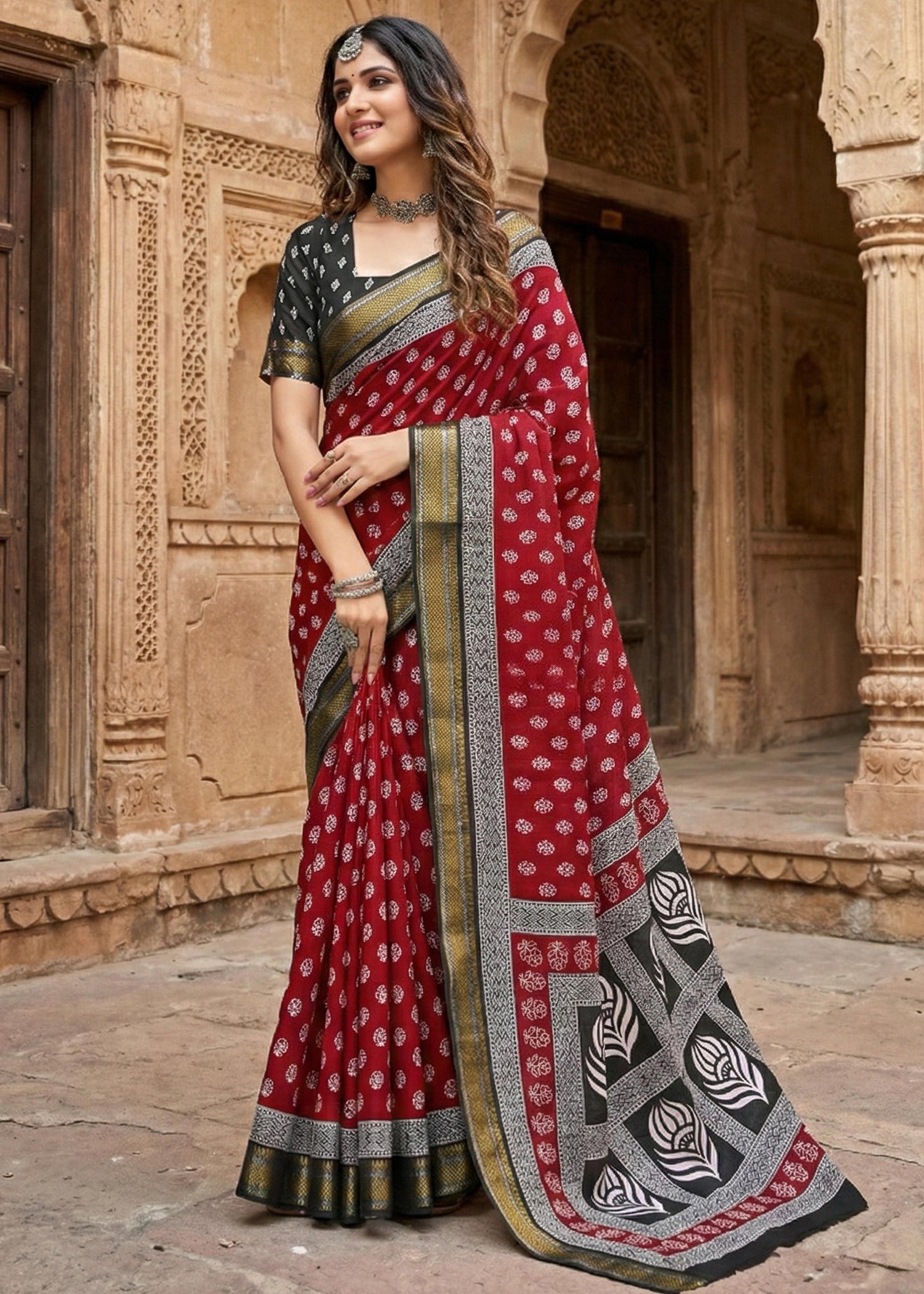 Red Pure Mulmul Cotton Bagru Printed Cotton Saree 