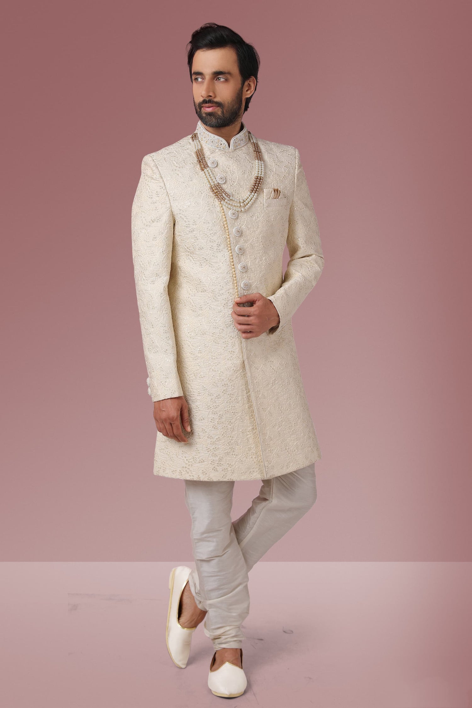 Off White Embroidered Sherwani Set for Men