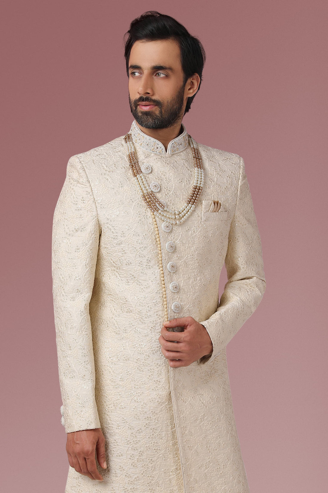Off White Embroidered Sherwani Set for Men