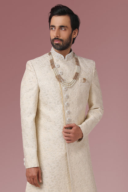 Off White Embroidered Sherwani Set for Men