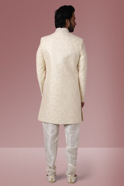 Off White Embroidered Sherwani Set for Men