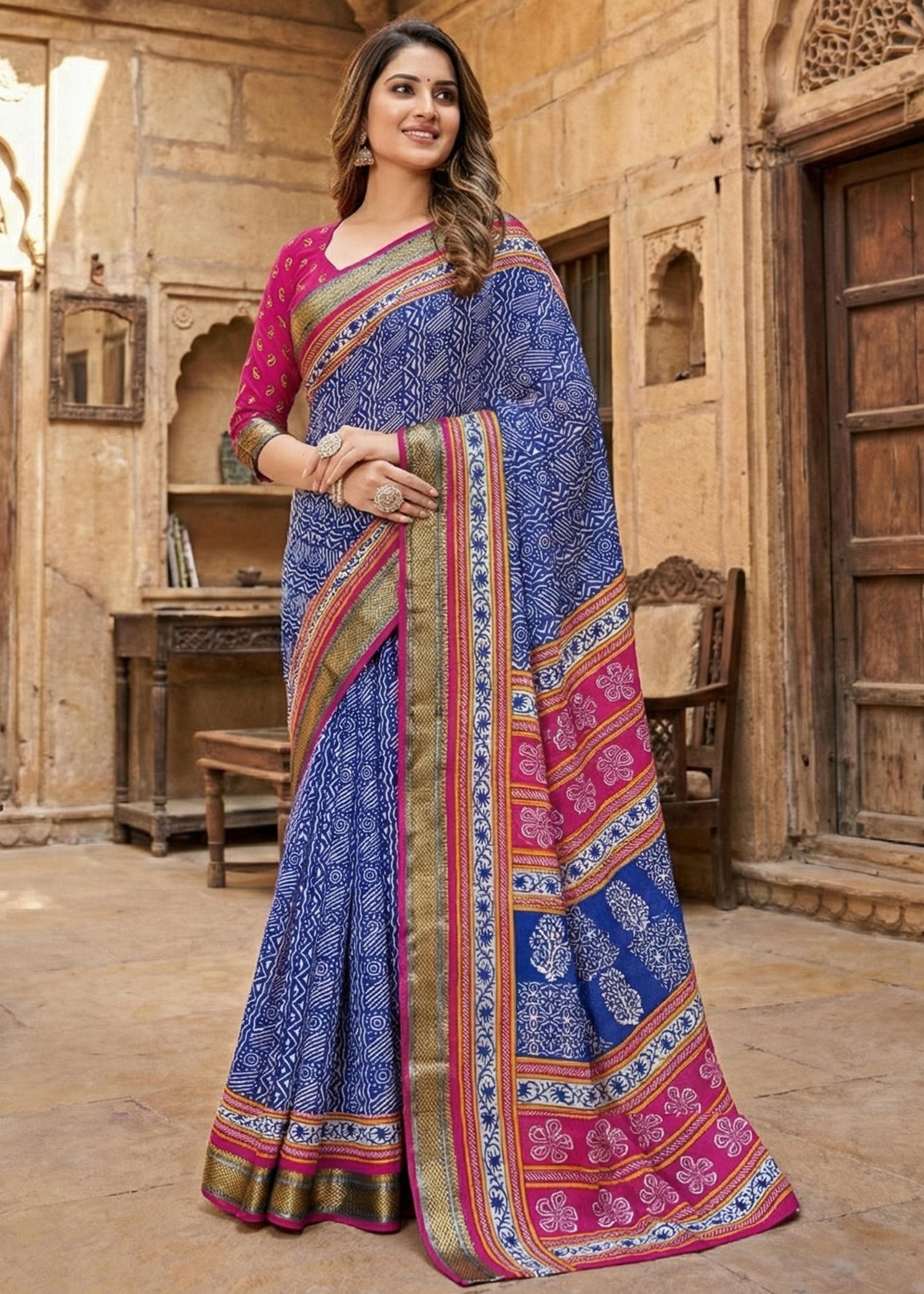 Blue Pure Mulmul Cotton Bagru Printed Cotton Saree 