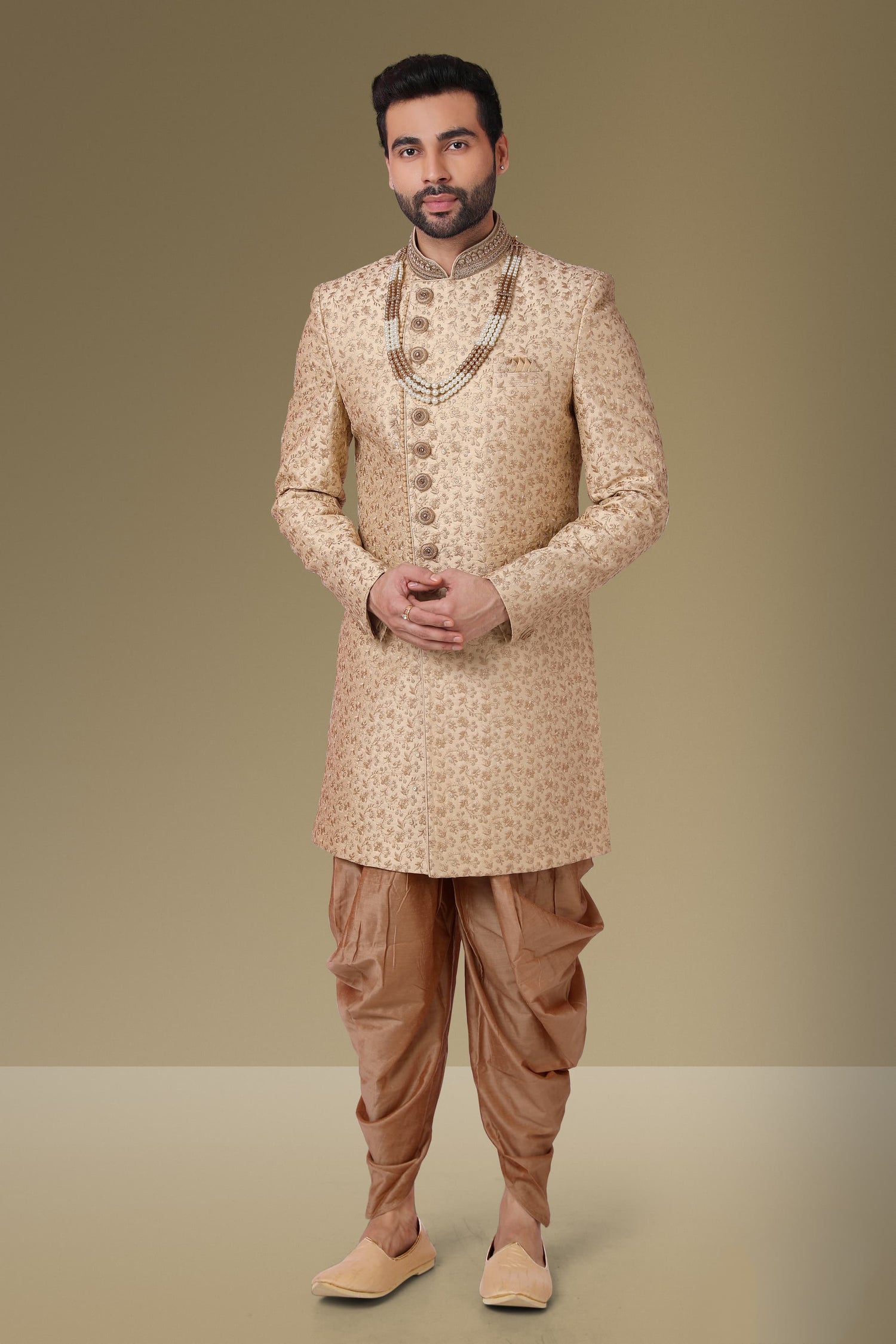 Beige Jacquard Silk Brocade Indo Western Sherwani for Men