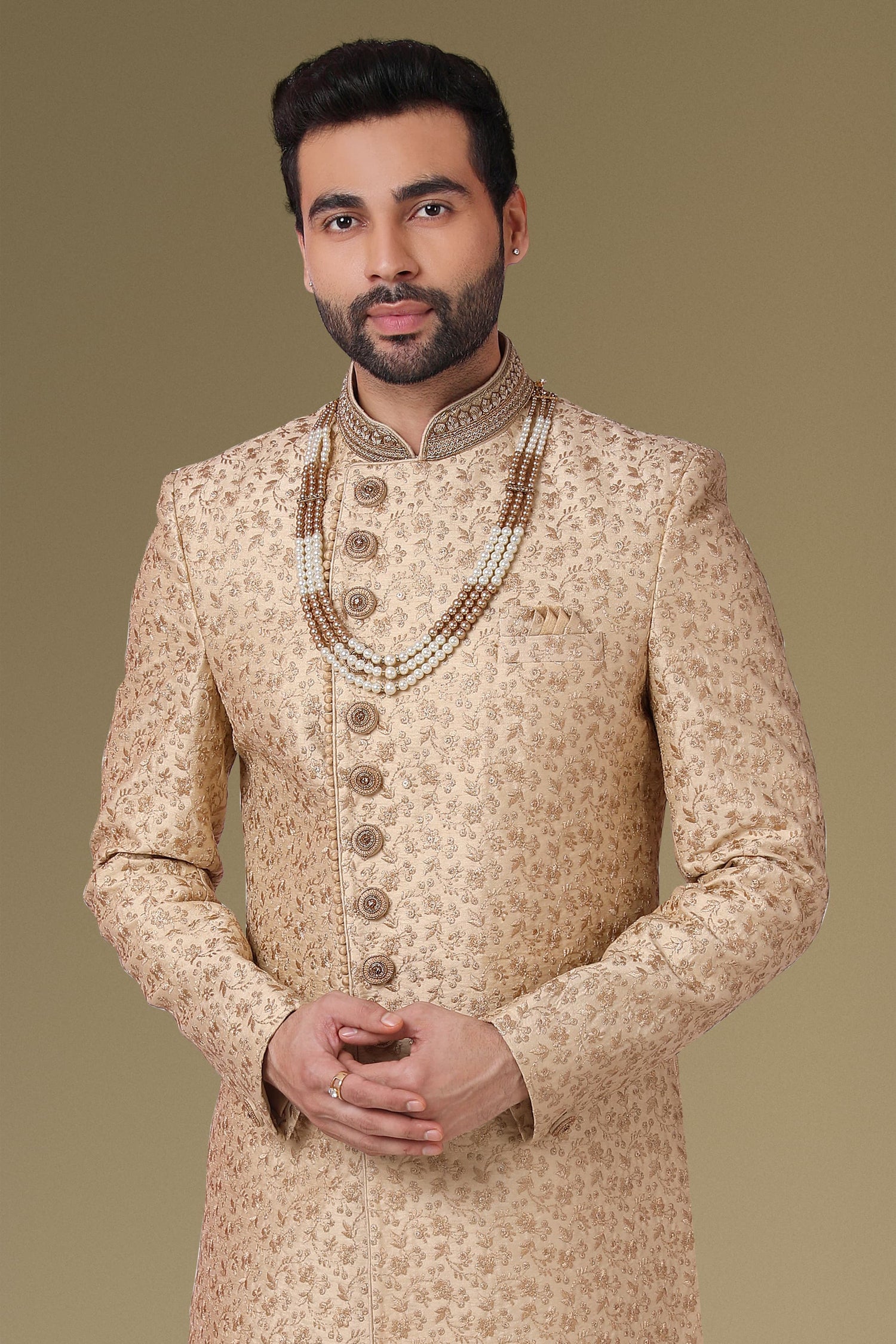 Beige Jacquard Silk Brocade Indo Western Sherwani for Men