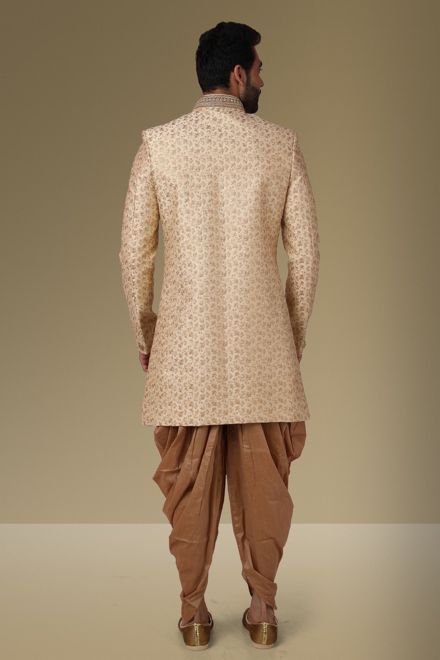 Beige Jacquard Silk Brocade Indo Western Sherwani for Men