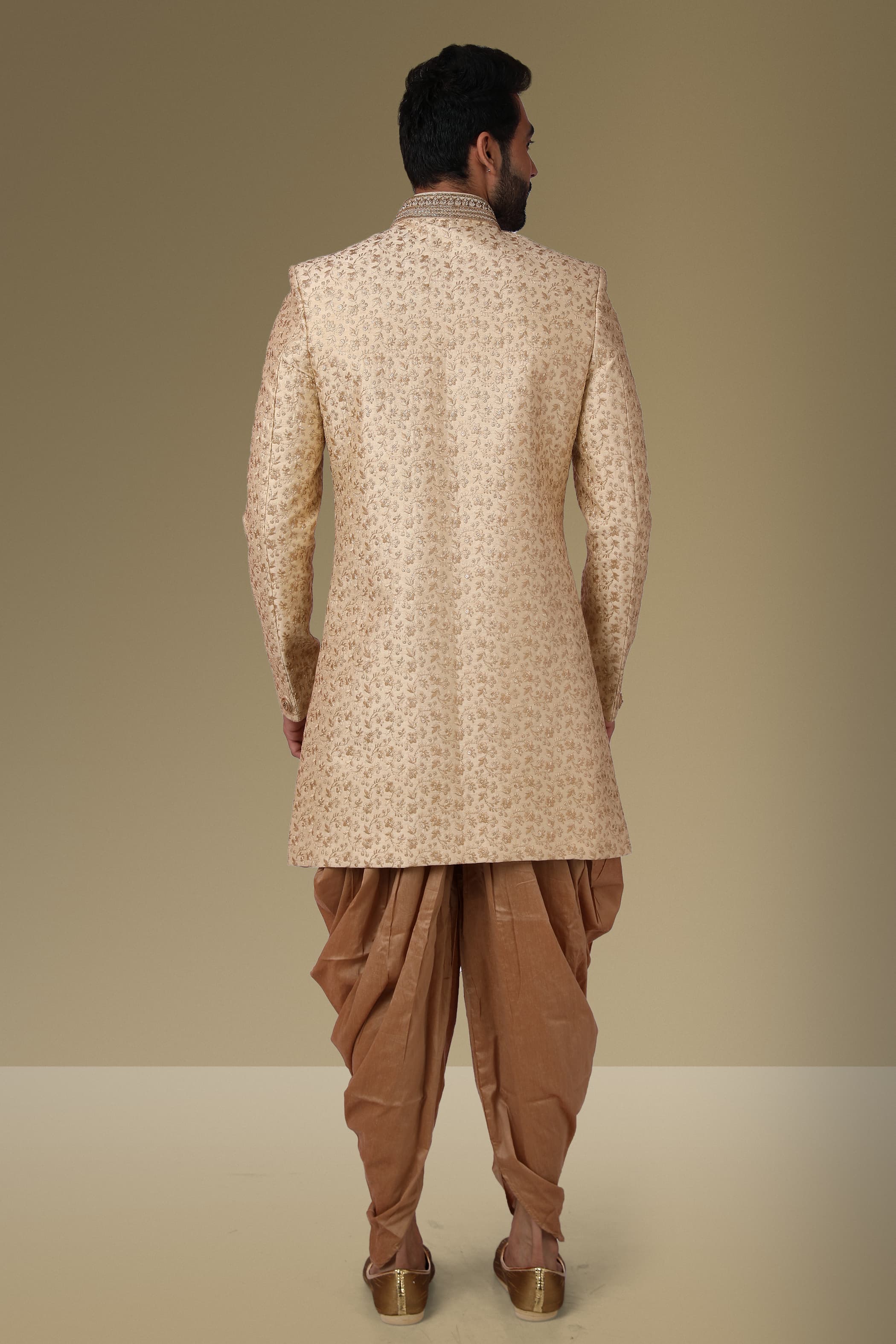 Beige Jacquard Silk Brocade Indo Western Sherwani for Men