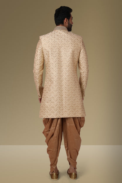 Beige Jacquard Silk Brocade Indo Western Sherwani for Men