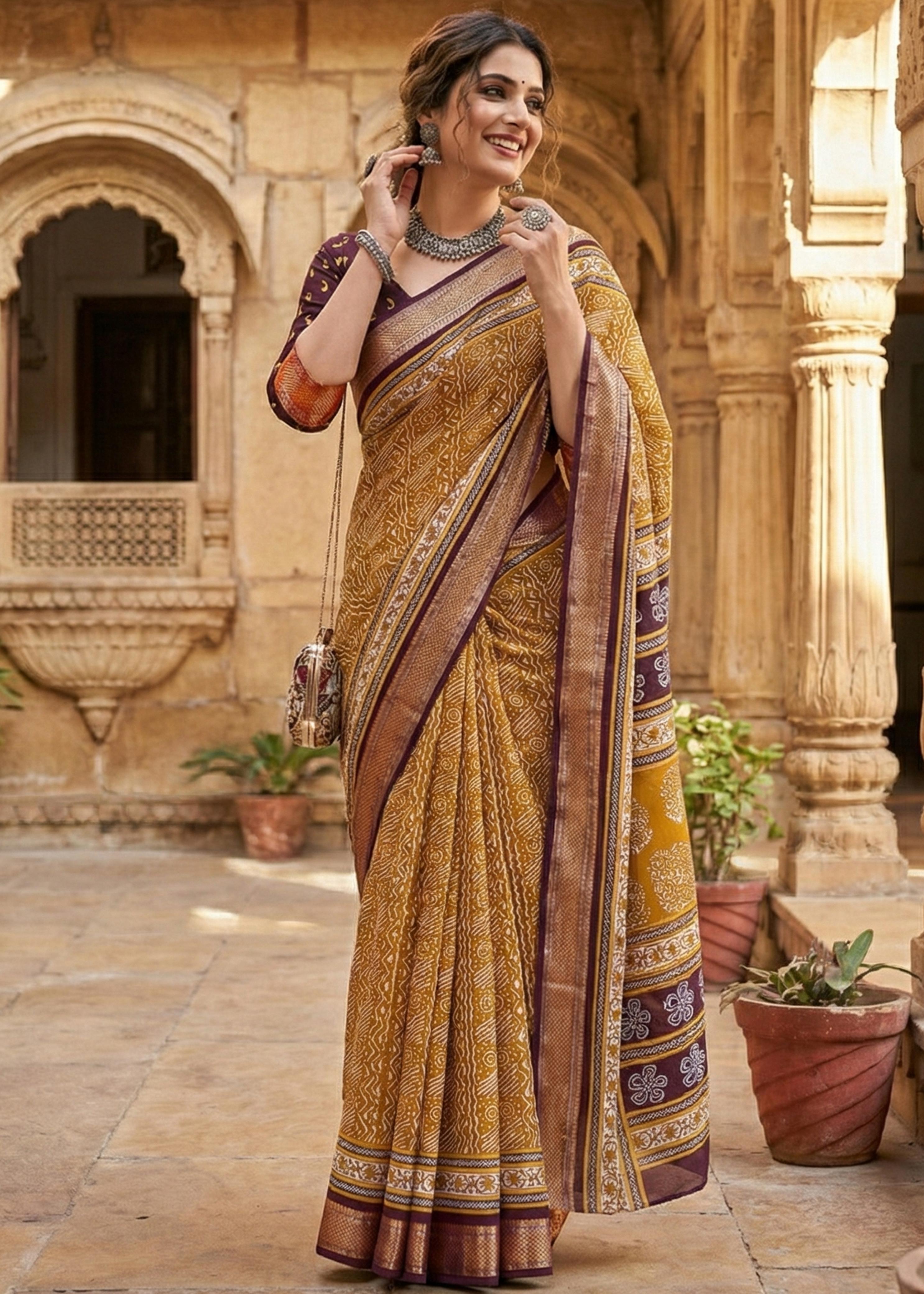 Mustard Pure Mulmul Cotton Bagru Printed Cotton Saree 