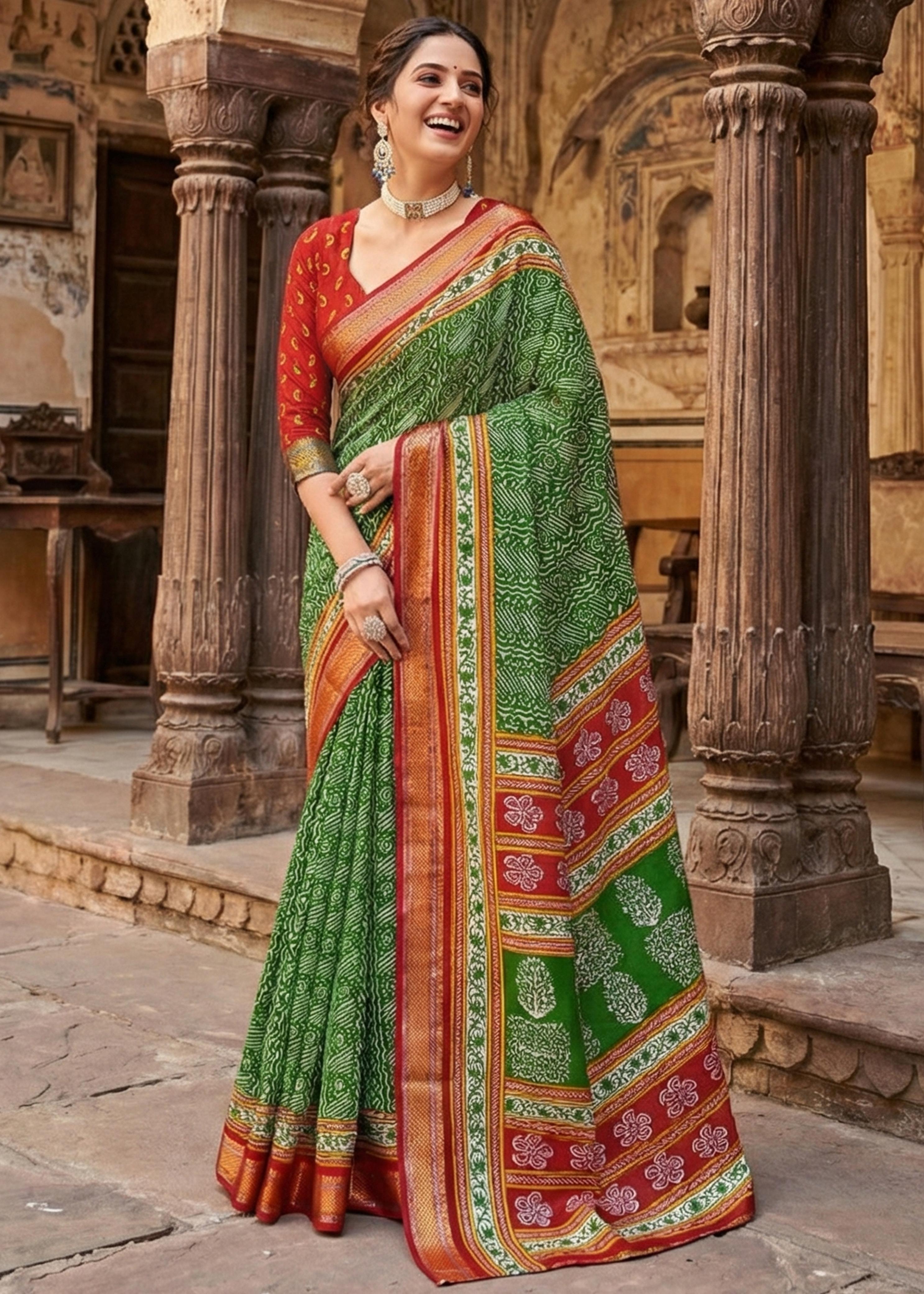 Green Pure Mulmul Cotton Bagru Printed Cotton Saree 