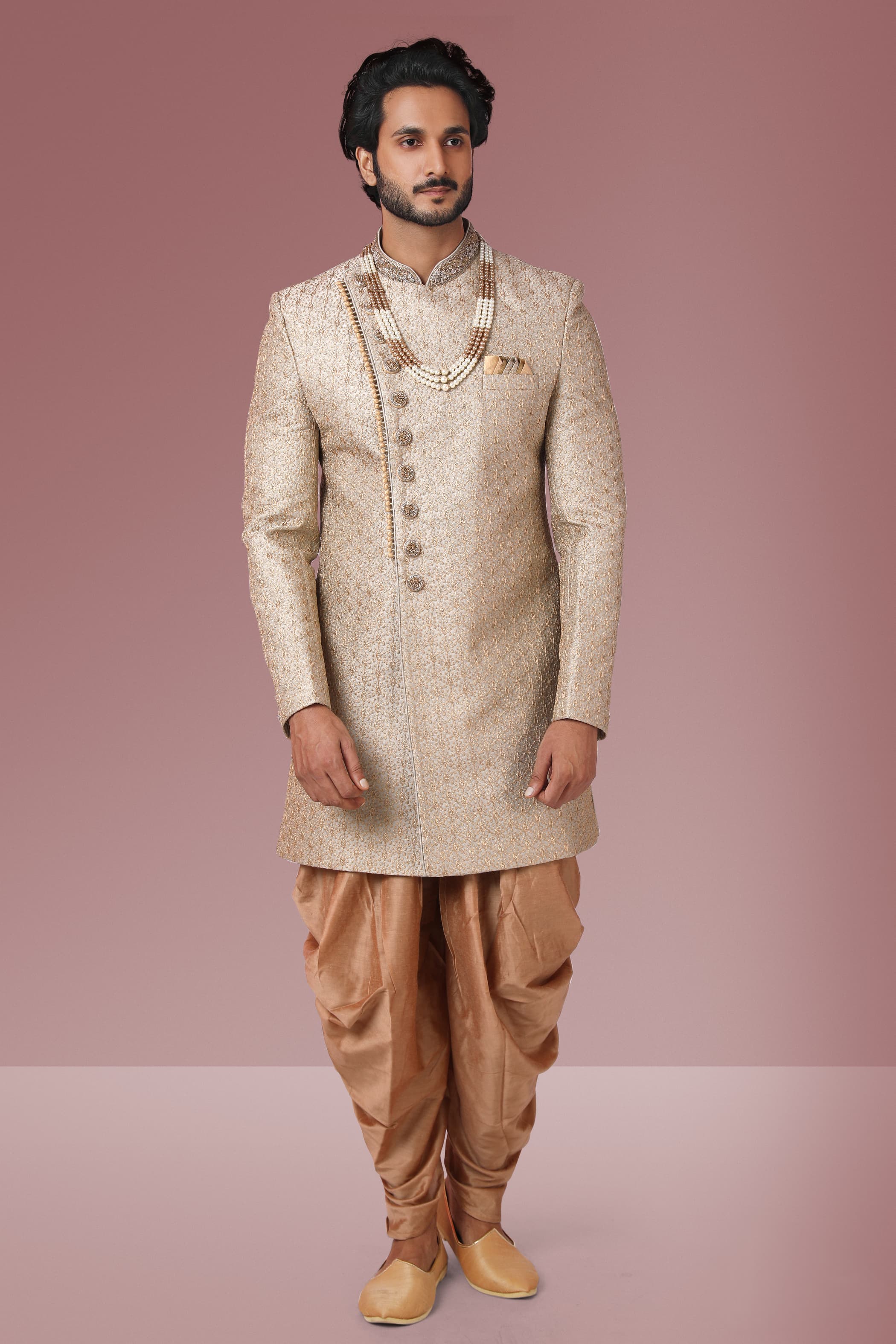 Cream Embroidered Banarasi Silk Sherwani Set for Men