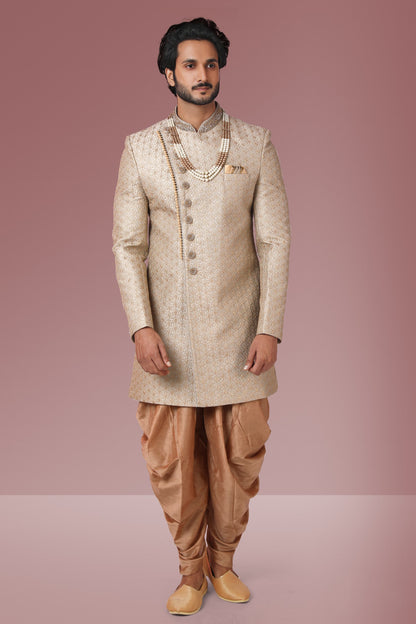 Cream Embroidered Banarasi Silk Sherwani Set for Men