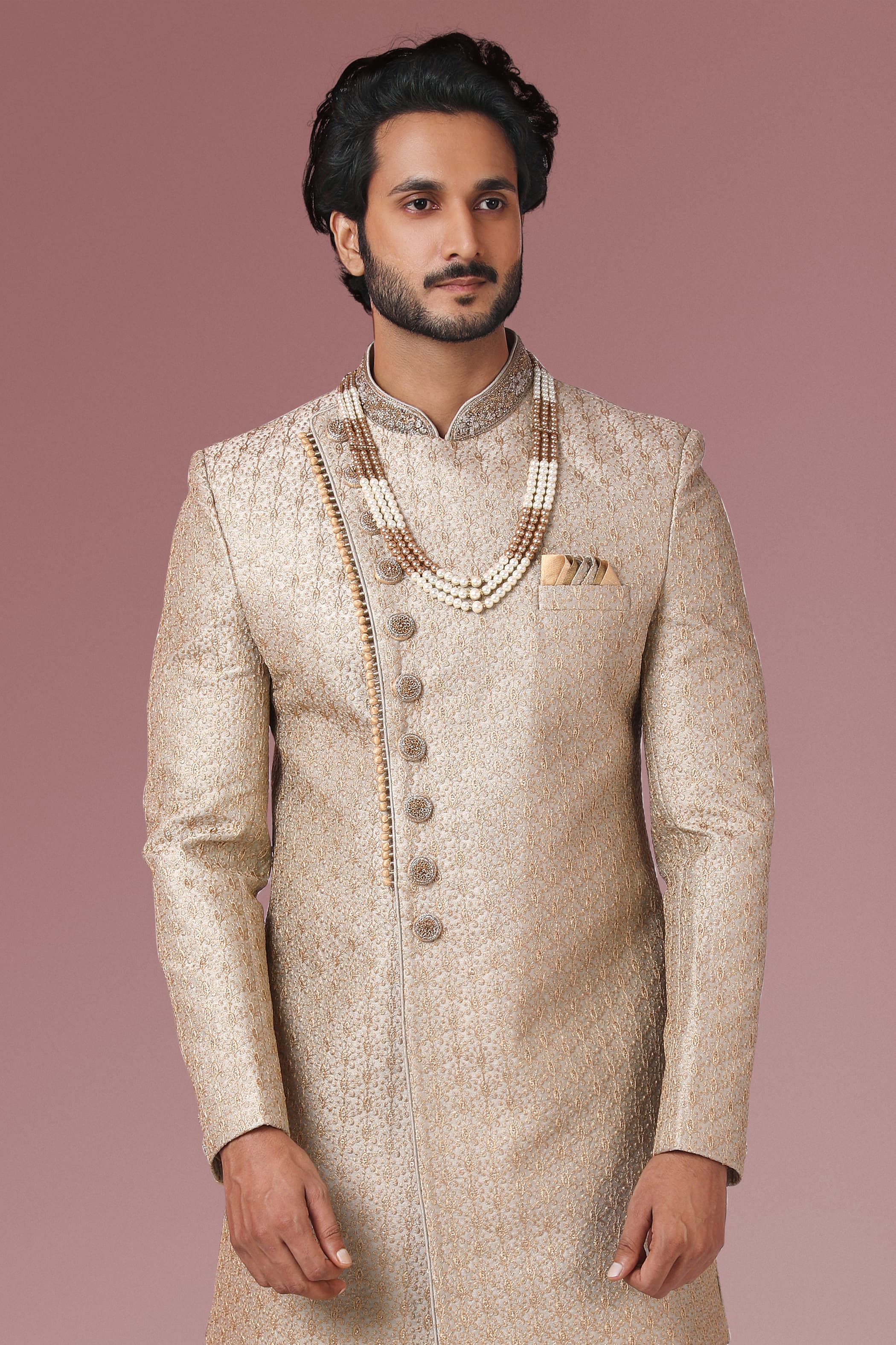Cream Embroidered Banarasi Silk Sherwani Set for Men