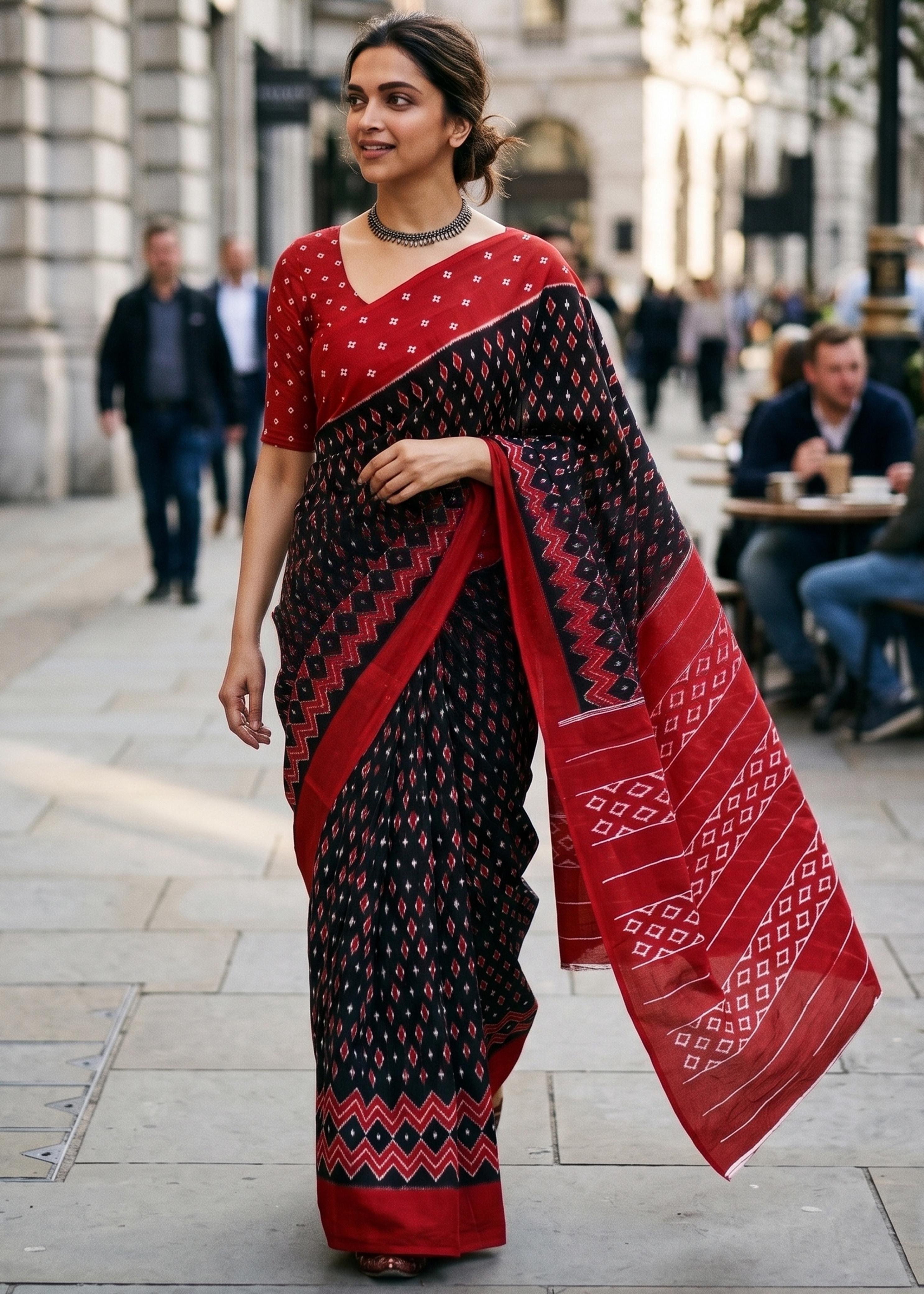 Black Red Pure Mulmul Cotton Ikkat Printed Cotton Saree 