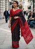 Black Red Pure Mulmul Cotton Ikkat Printed Cotton Saree 