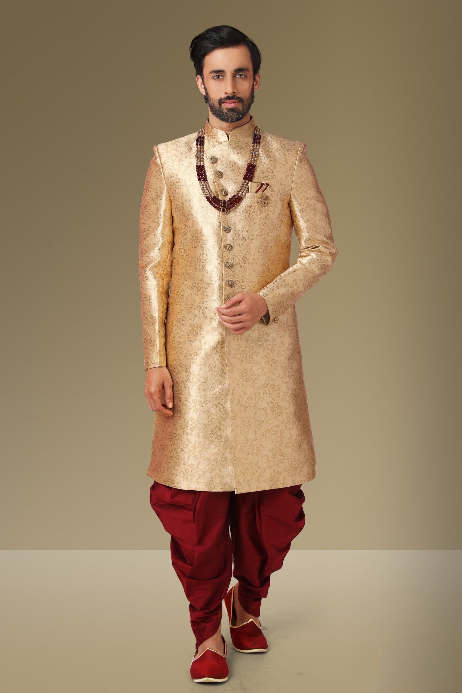 Gold Jacquard Silk Brocade Indo Western Sherwani for Men