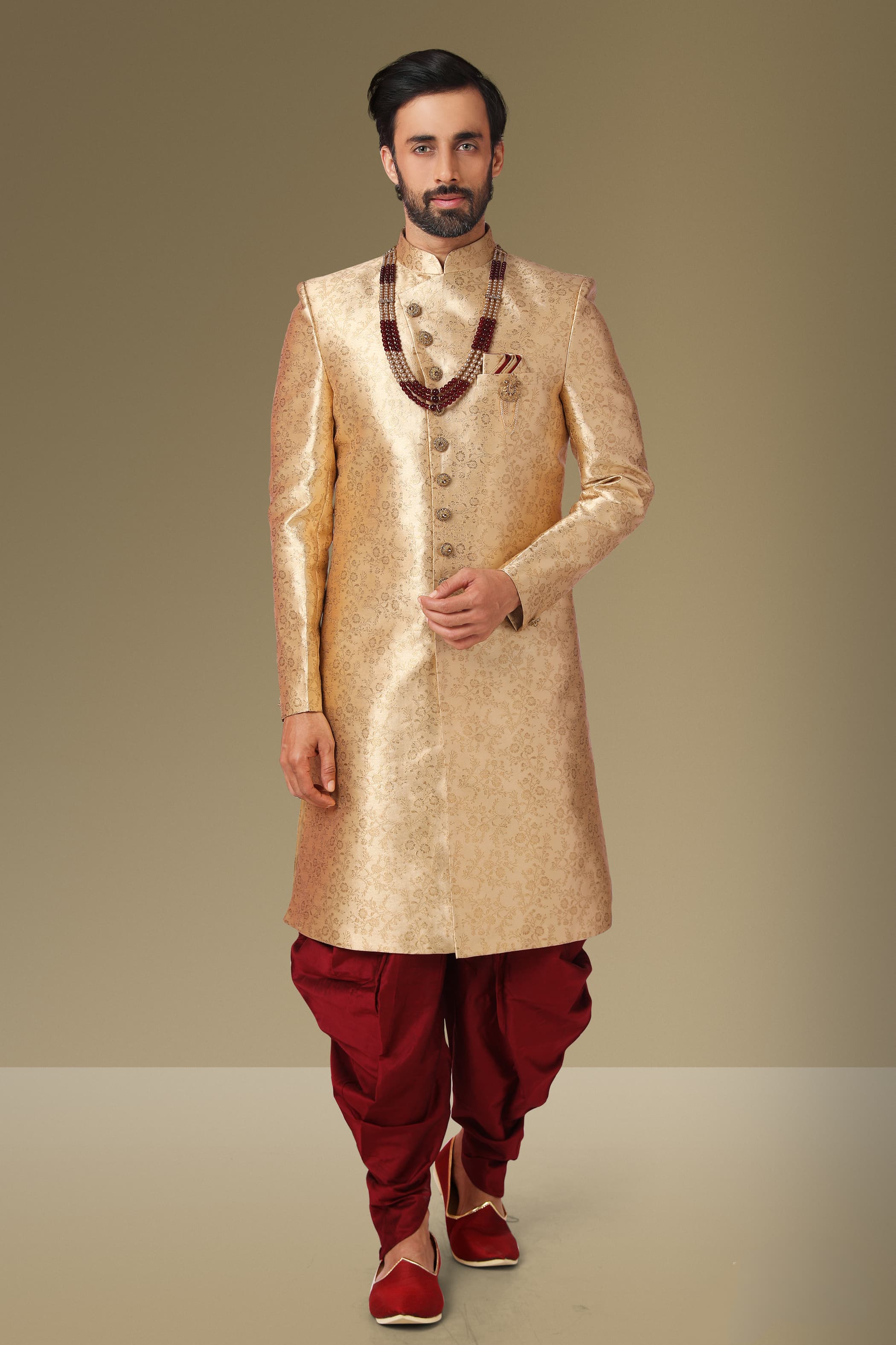 Gold Jacquard Silk Brocade Indo Western Sherwani for Men