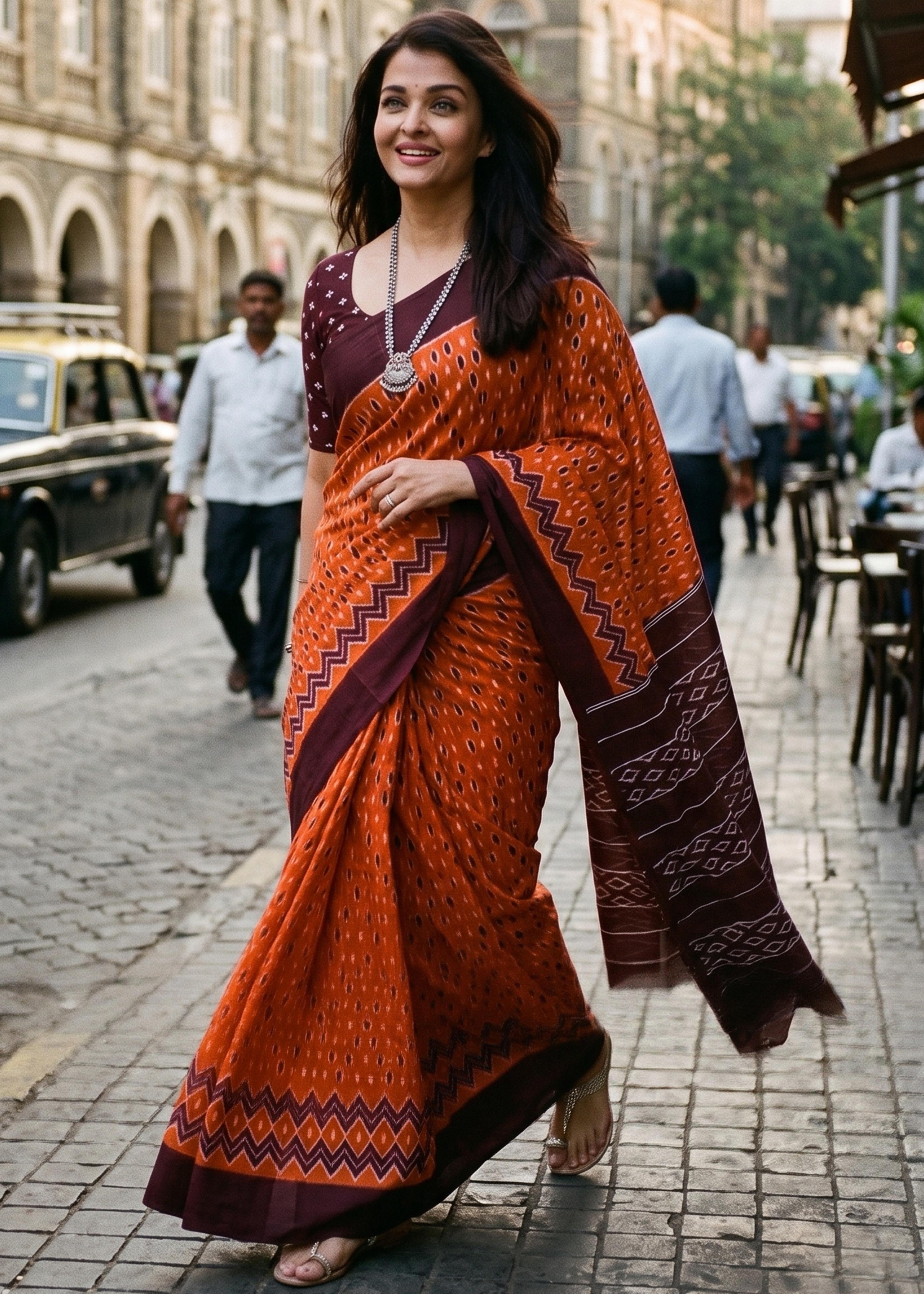 Orange Pure Mulmul Cotton Ikkat Printed Cotton Saree 