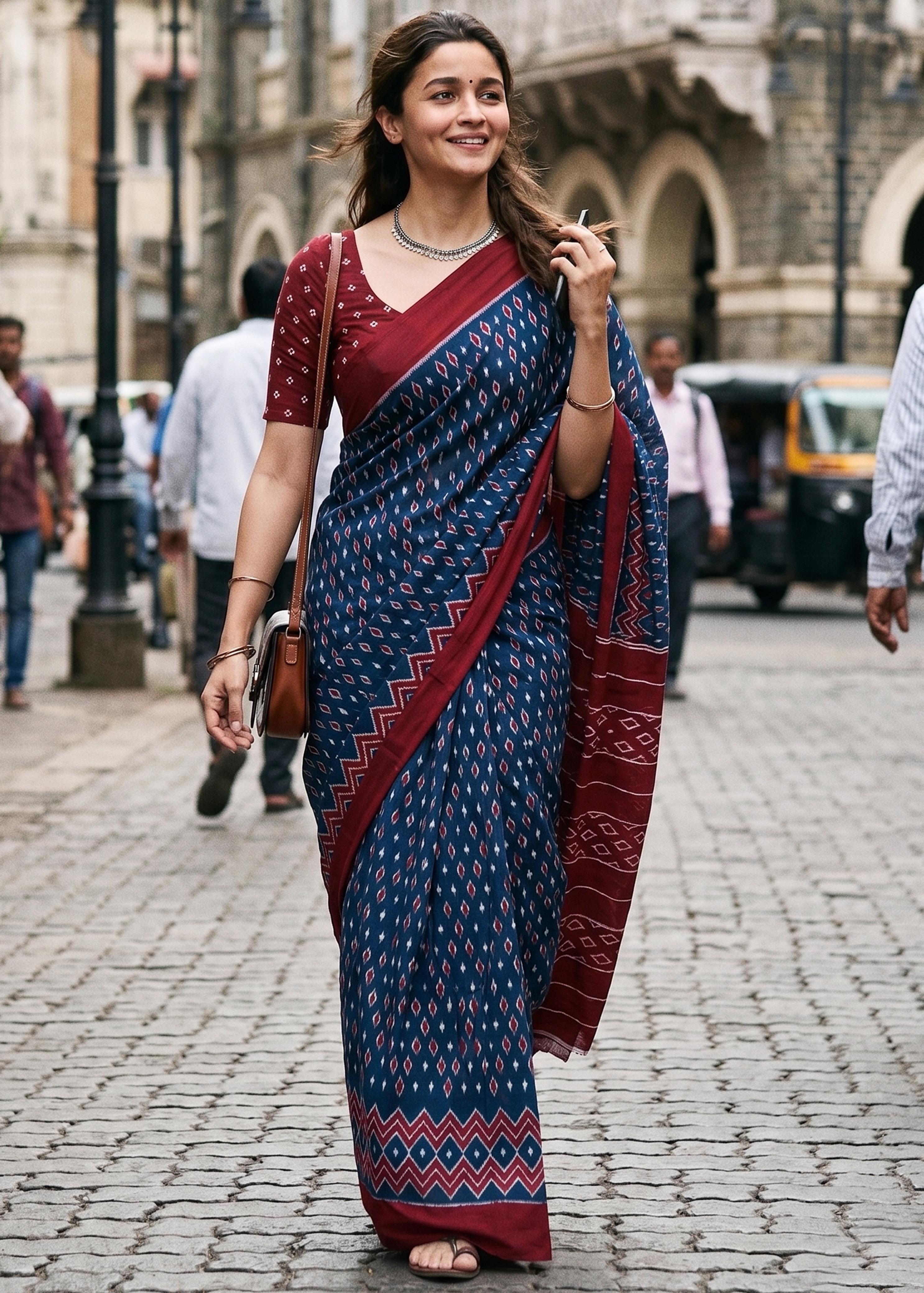 Blue Pure Mulmul Cotton Ikkat Printed Cotton Saree 