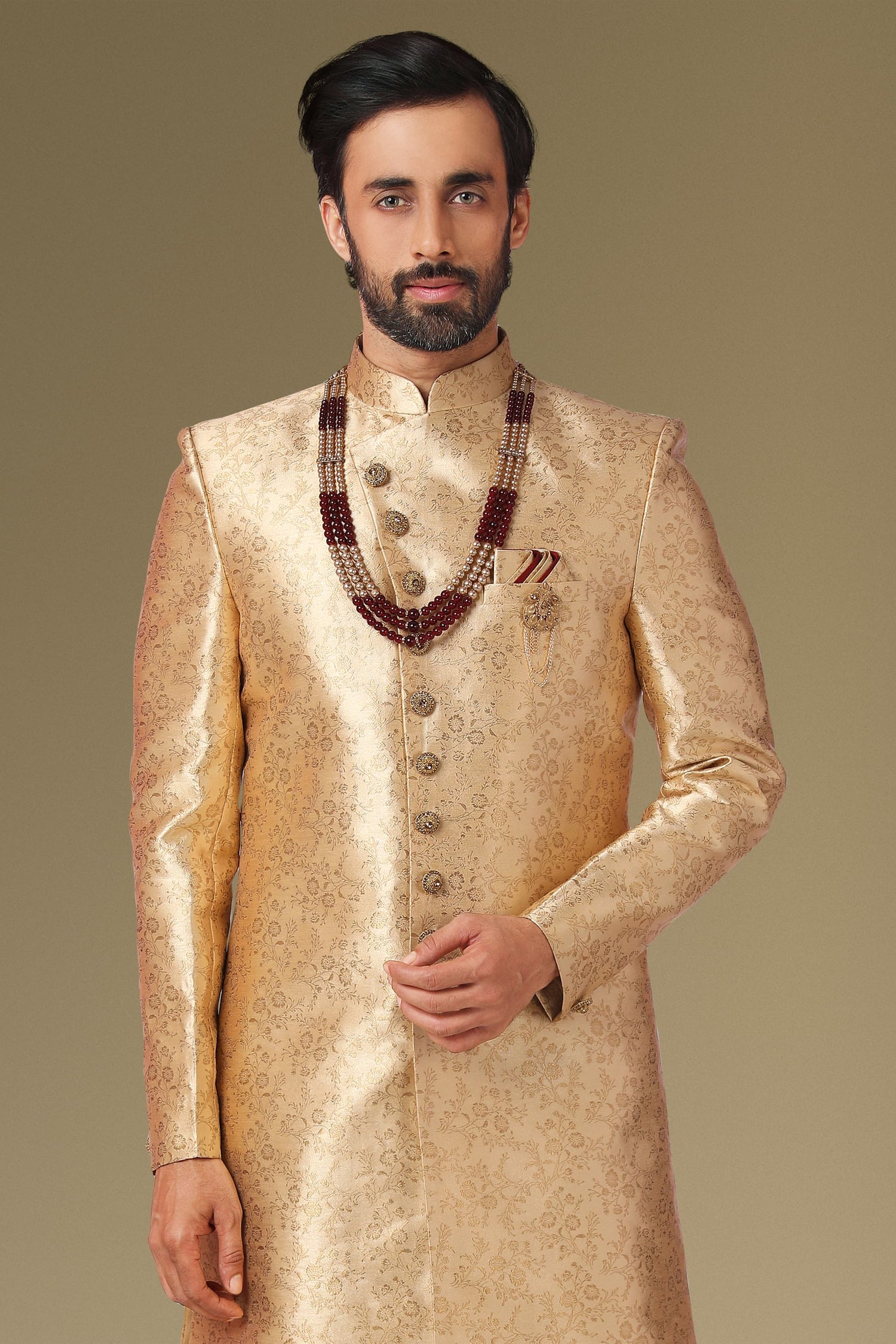 Gold Jacquard Silk Brocade Indo Western Sherwani for Men