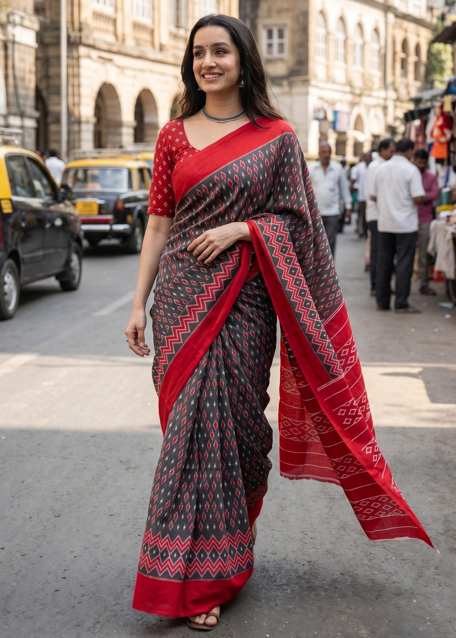 Grey Red Pure Mulmul Cotton Ikkat Printed Cotton Saree 