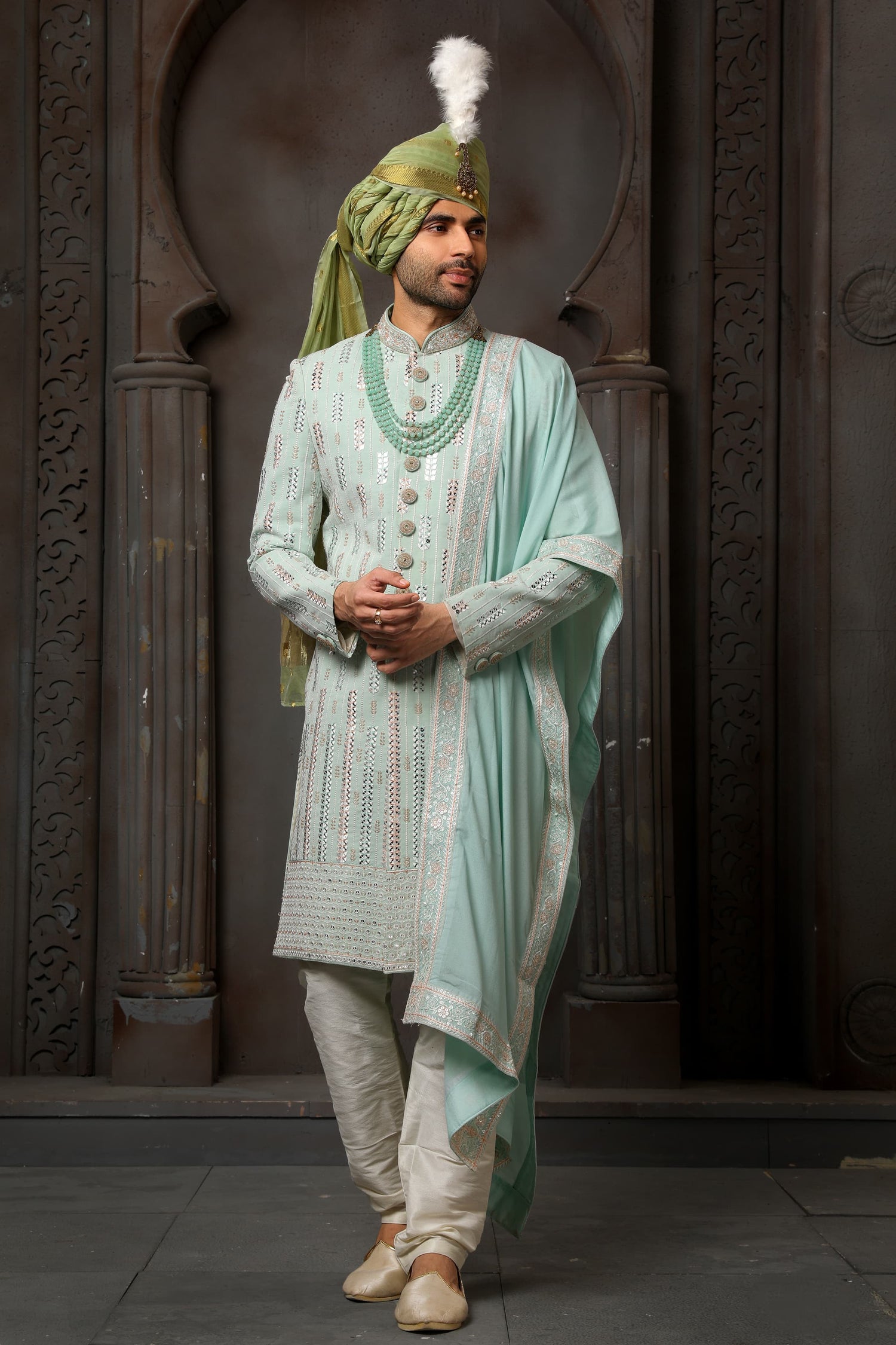 Pista Green Embroidered Groom Sherwani for Men