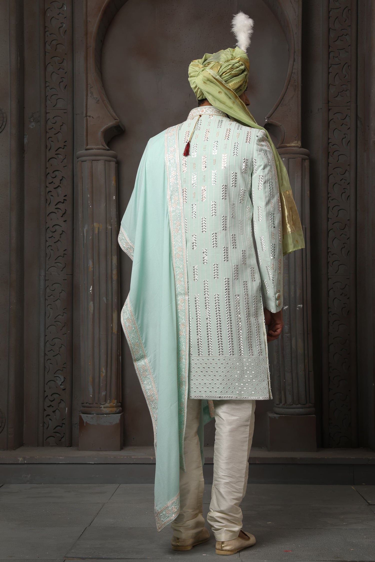 Pista Green Embroidered Groom Sherwani for Men