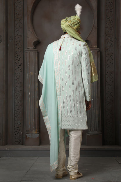 Pista Green Embroidered Groom Sherwani for Men