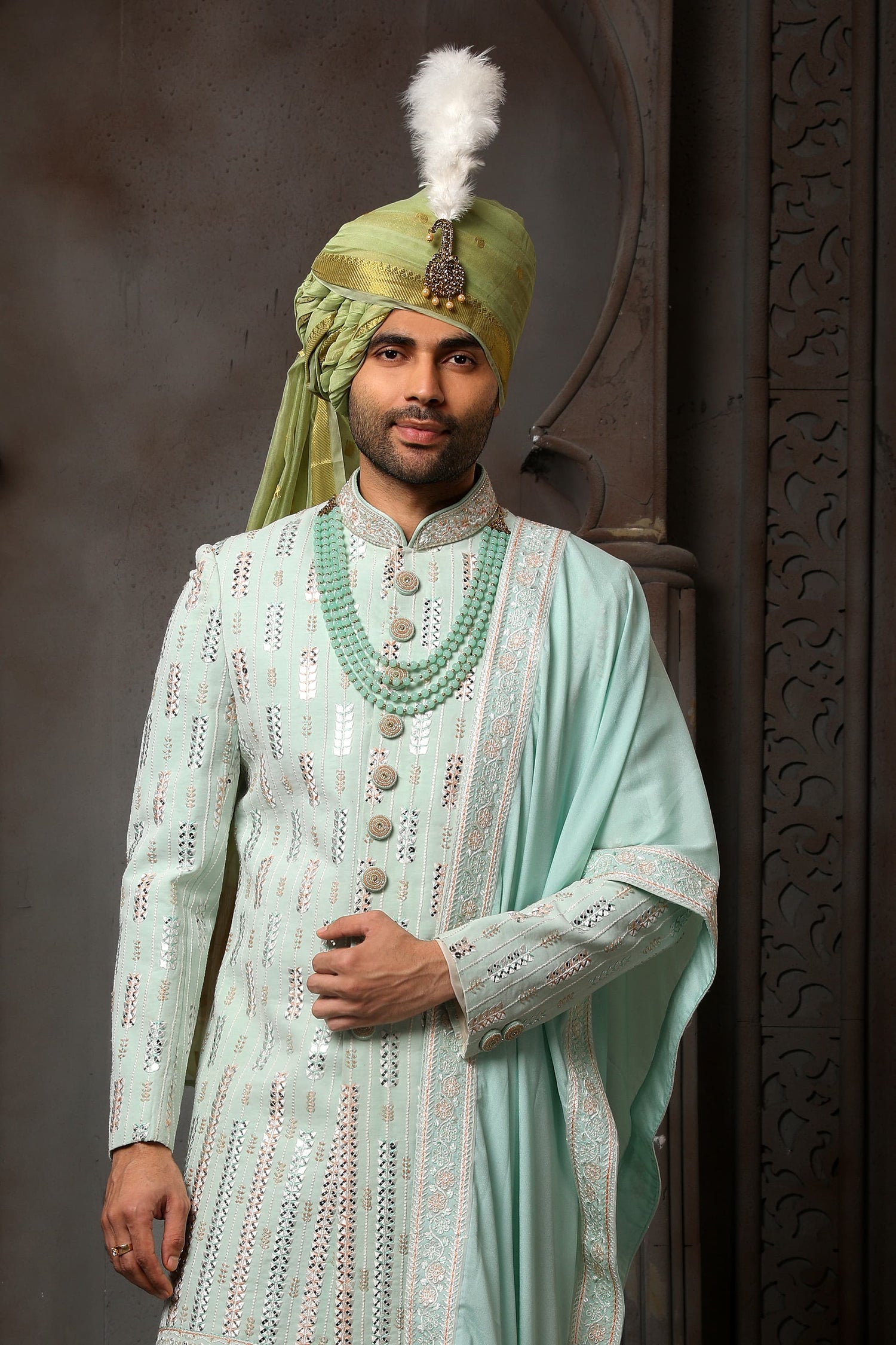 Pista Green Embroidered Groom Sherwani for Men