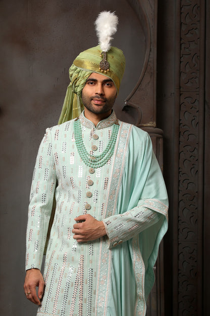 Pista Green Embroidered Groom Sherwani for Men