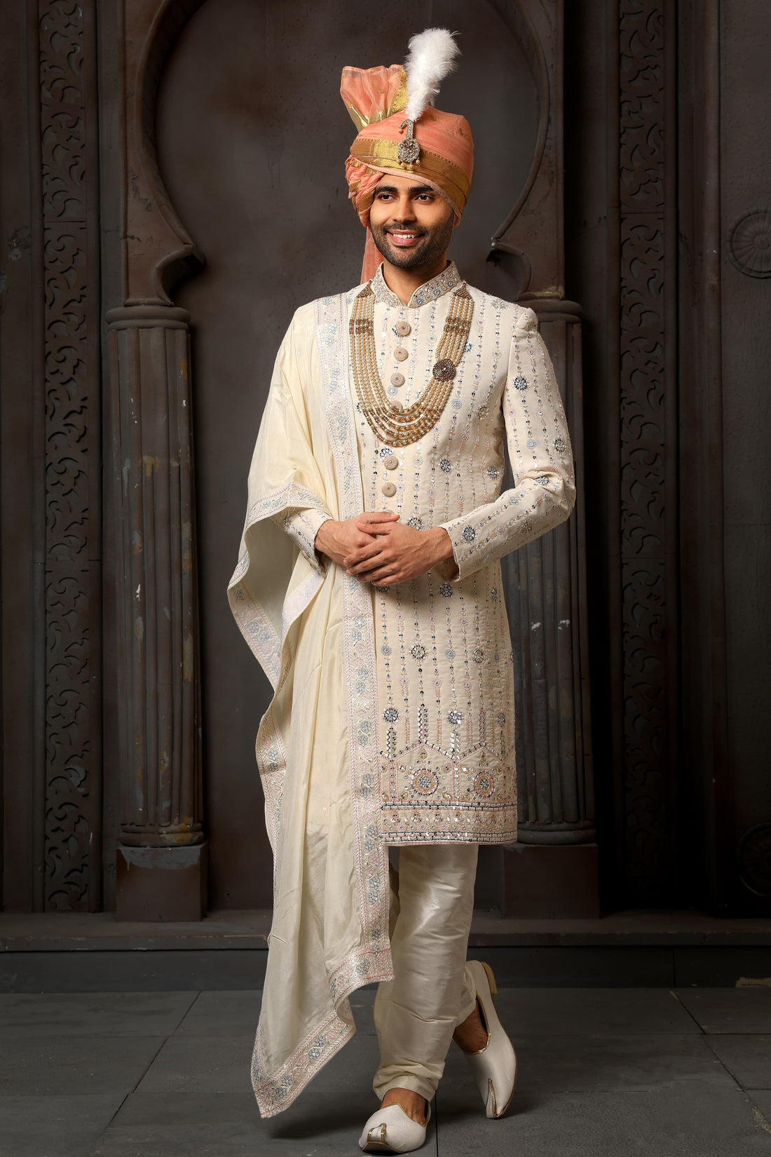 Cream Designer Groom Sherwani for Men with Dupatta