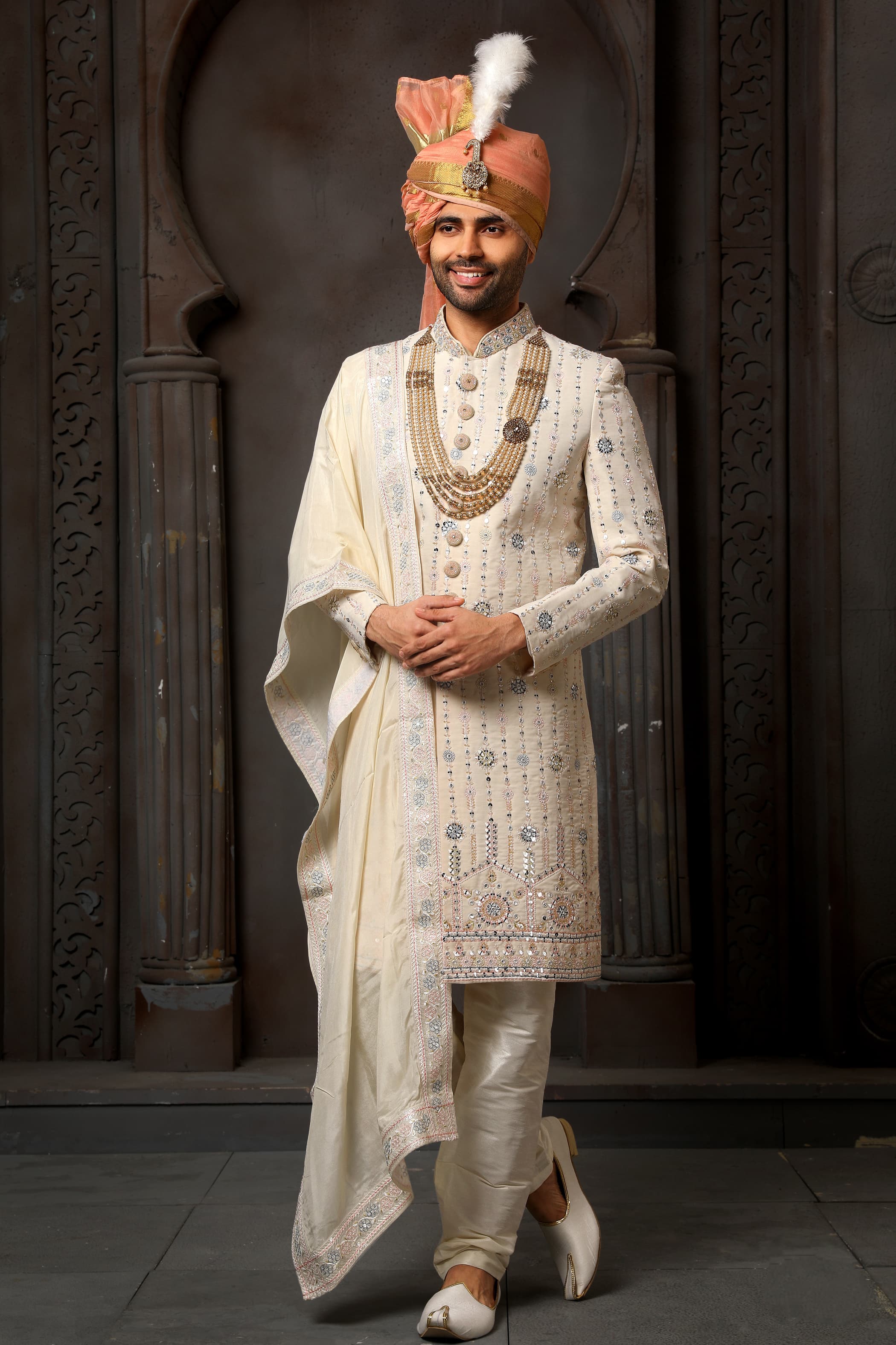 Cream Designer Groom Sherwani for Men with Dupatta