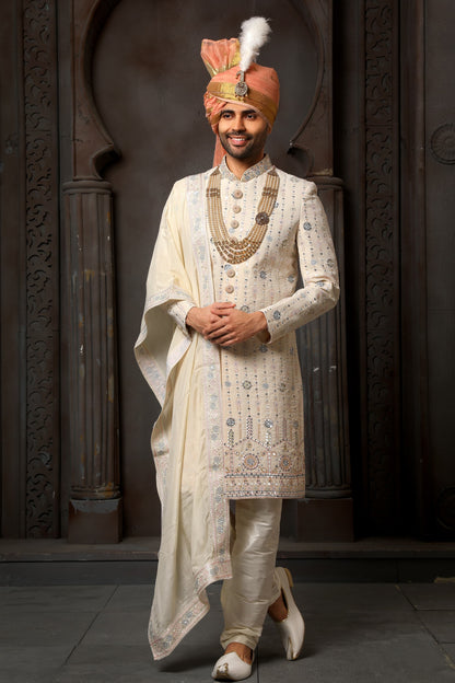 Cream Designer Groom Sherwani for Men with Dupatta
