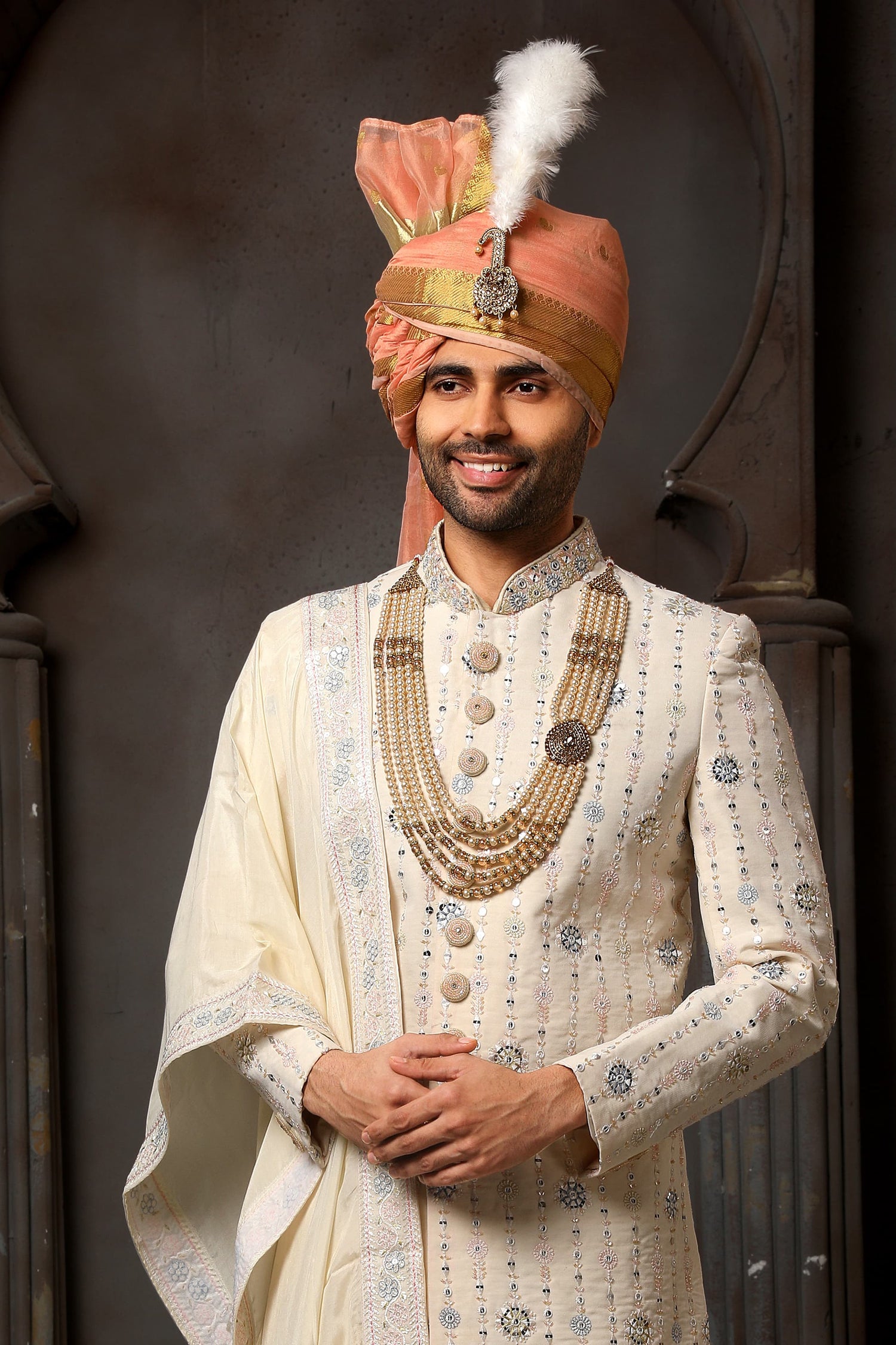 Cream Designer Groom Sherwani for Men with Dupatta