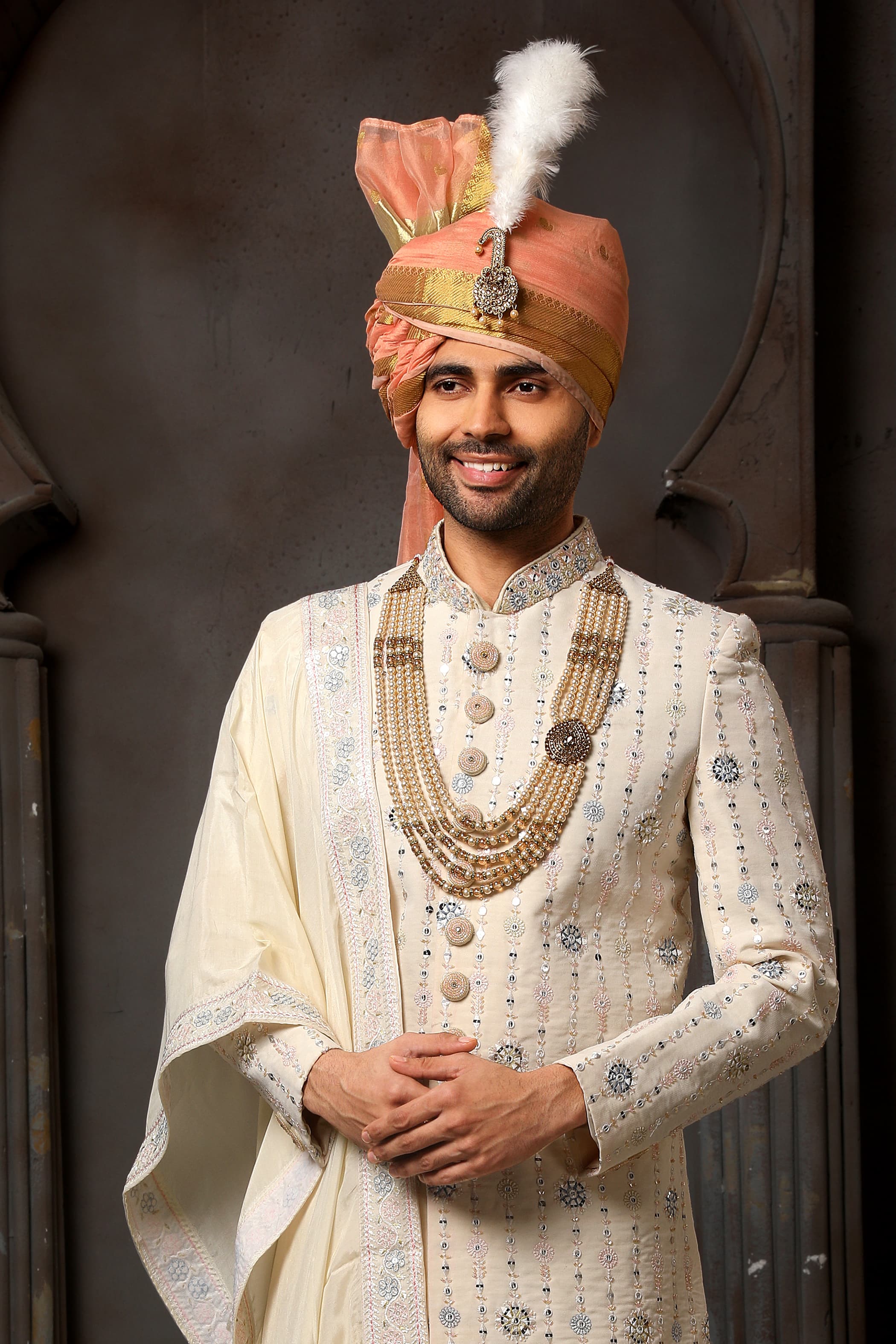 Cream Designer Groom Sherwani for Men with Dupatta