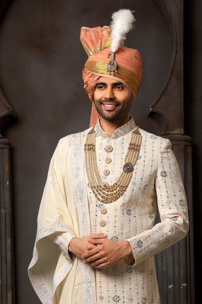 Cream Designer Groom Sherwani for Men with Dupatta