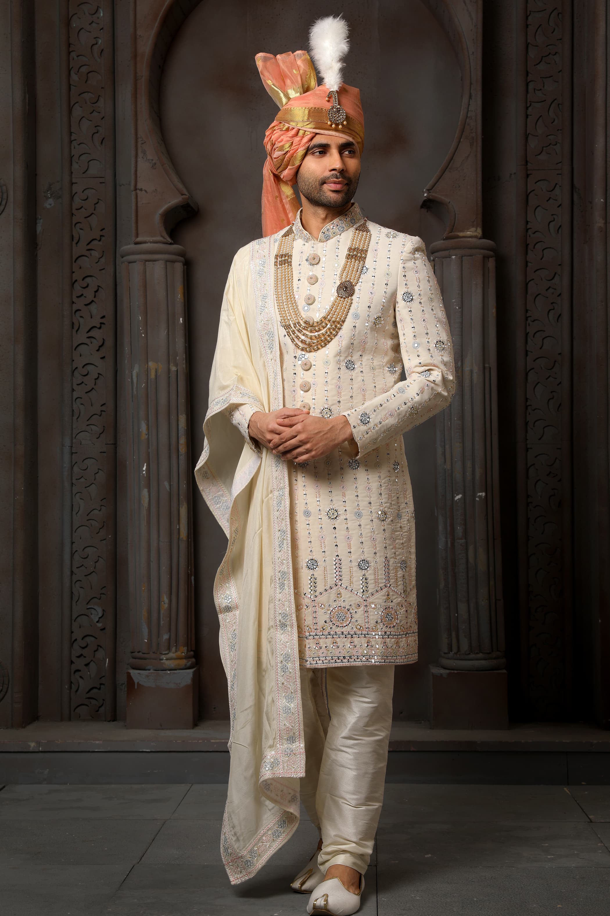 Cream Designer Groom Sherwani for Men with Dupatta