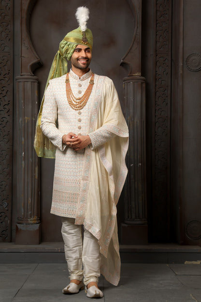 Cream Embroidered Groom Sherwani for Men