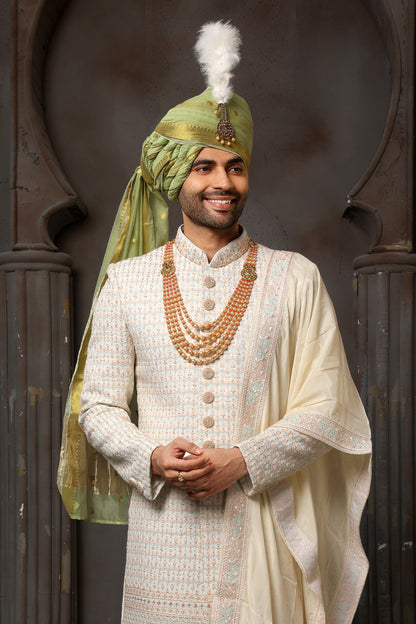 Cream Embroidered Groom Sherwani for Men
