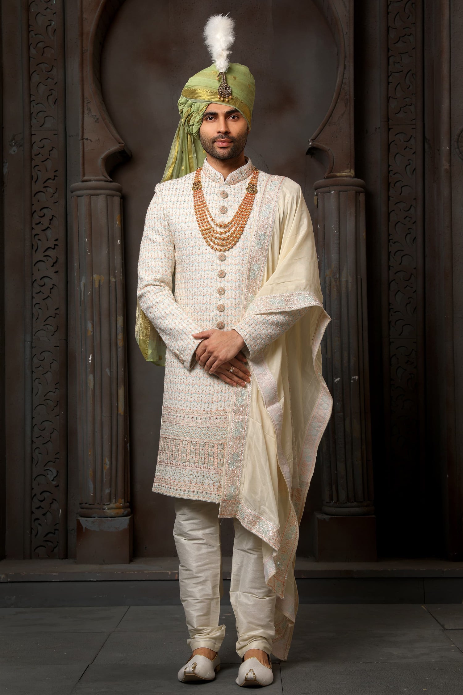 Cream Embroidered Groom Sherwani for Men