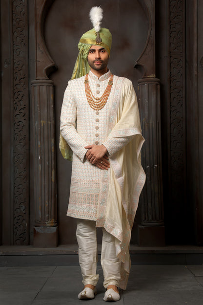 Cream Embroidered Groom Sherwani for Men