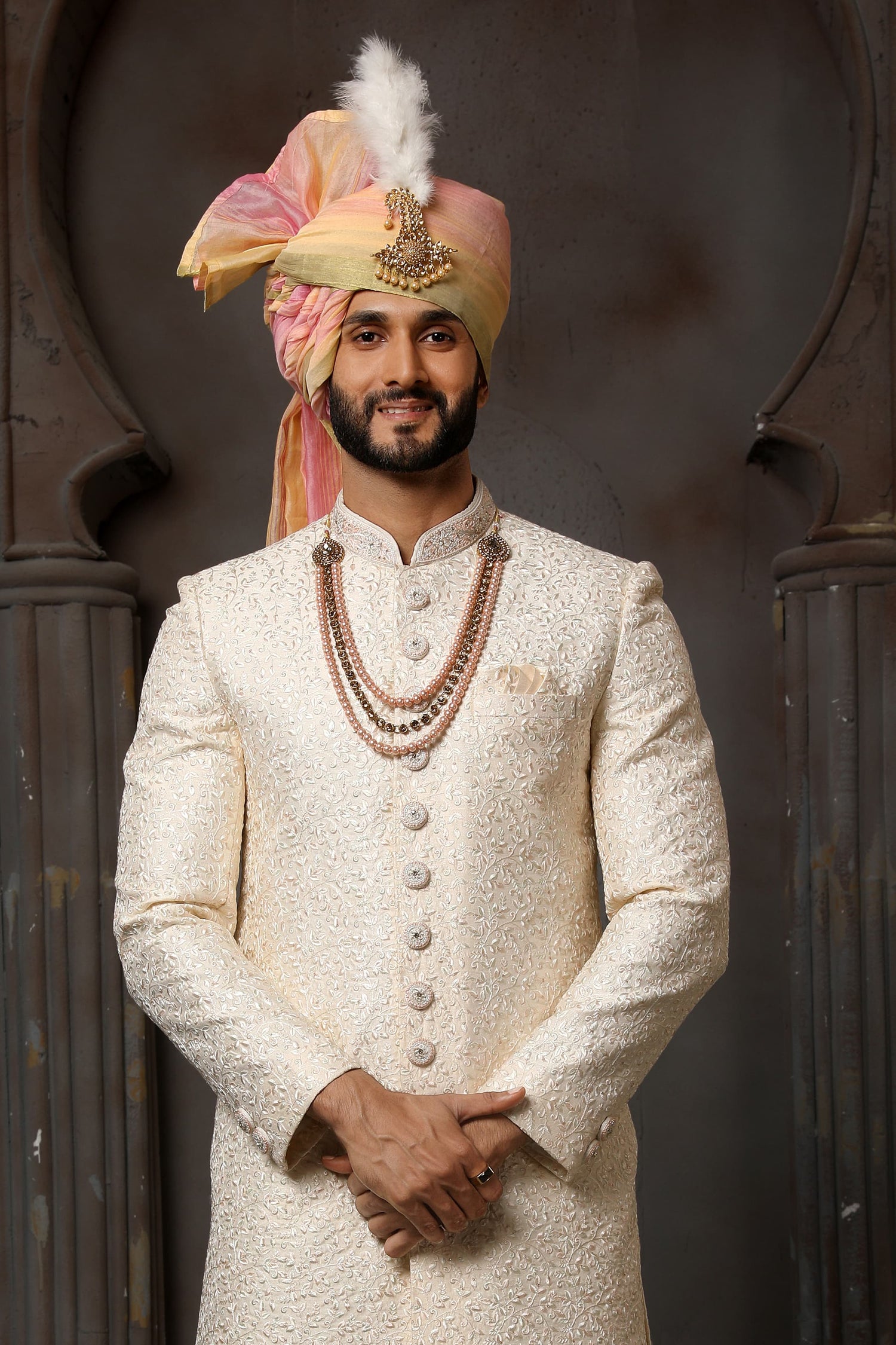 Ivory White Indo Western Sherwani for Groom with Embroidery