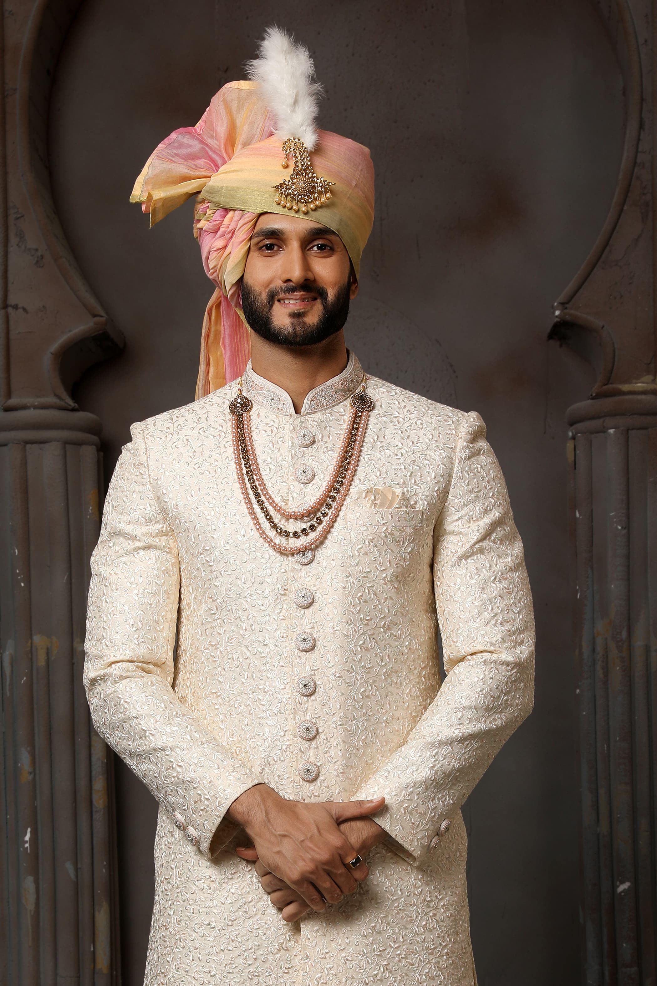 Ivory White Indo Western Sherwani for Groom with Embroidery