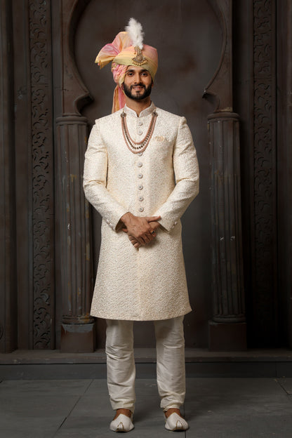 Ivory White Indo Western Sherwani for Groom with Embroidery