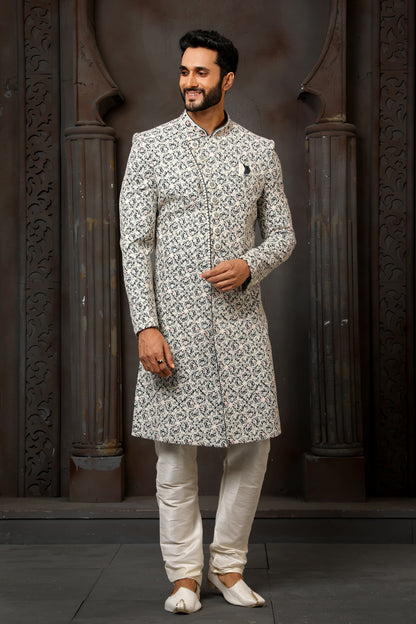 Cream Computer Thread Work Sherwani for Men with Chudidar