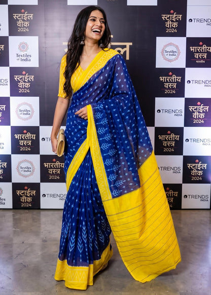 Blue Pure Mulmul Cotton Ikkat Printed Cotton Saree
